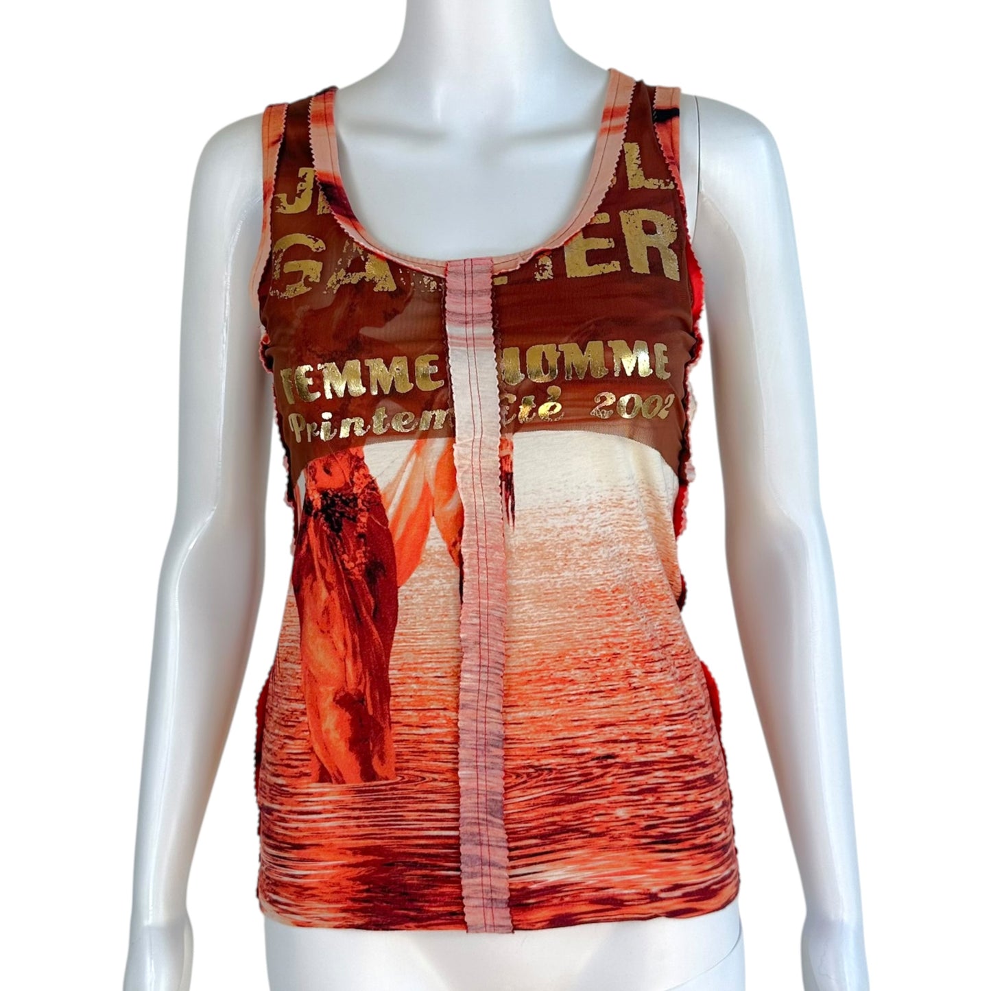Jean Paul Gaultier Mesh Overlay Tank Orange Burgundy