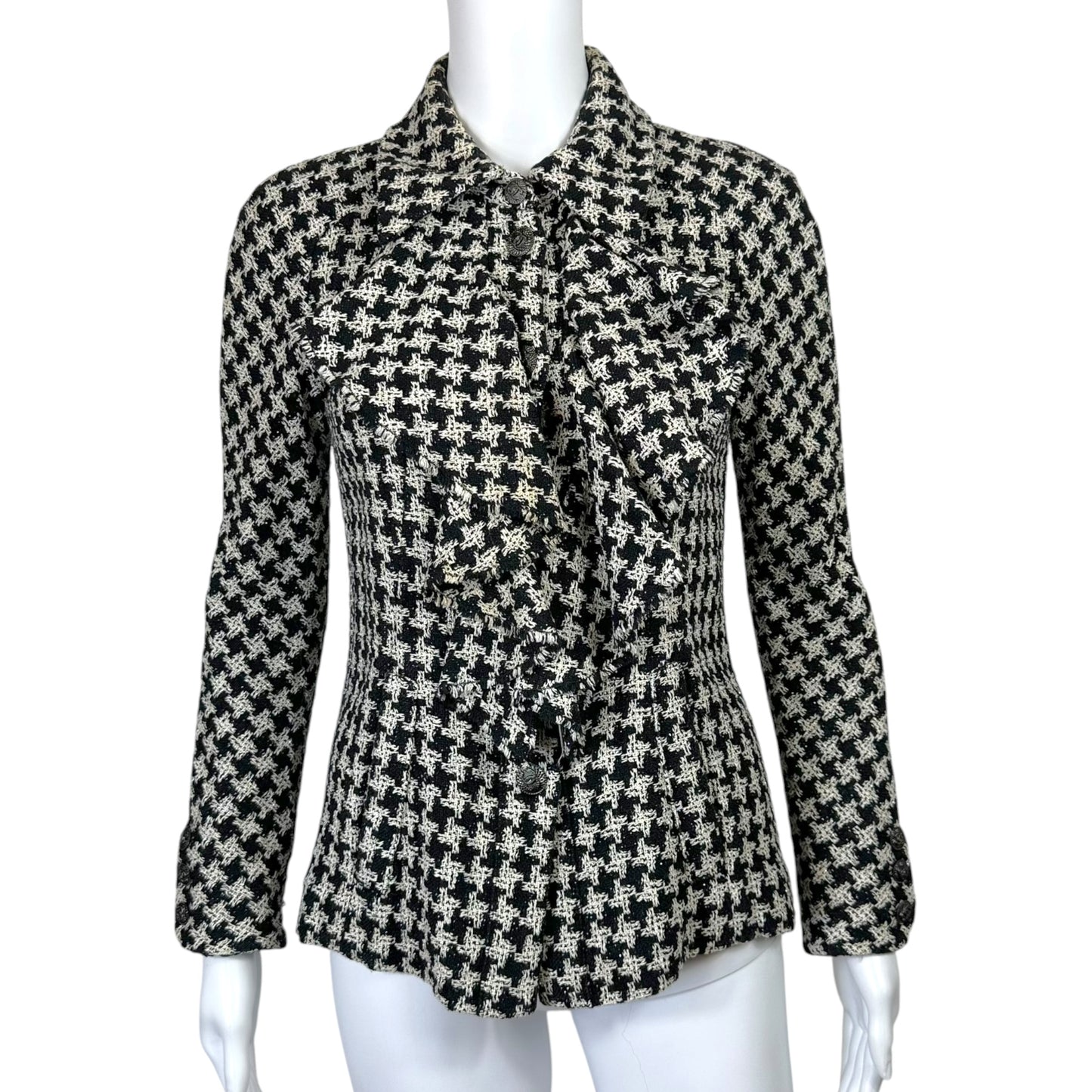 Chanel Spring 2009 Black & White Houndstooth Tweed Ruffle Trim Jacket