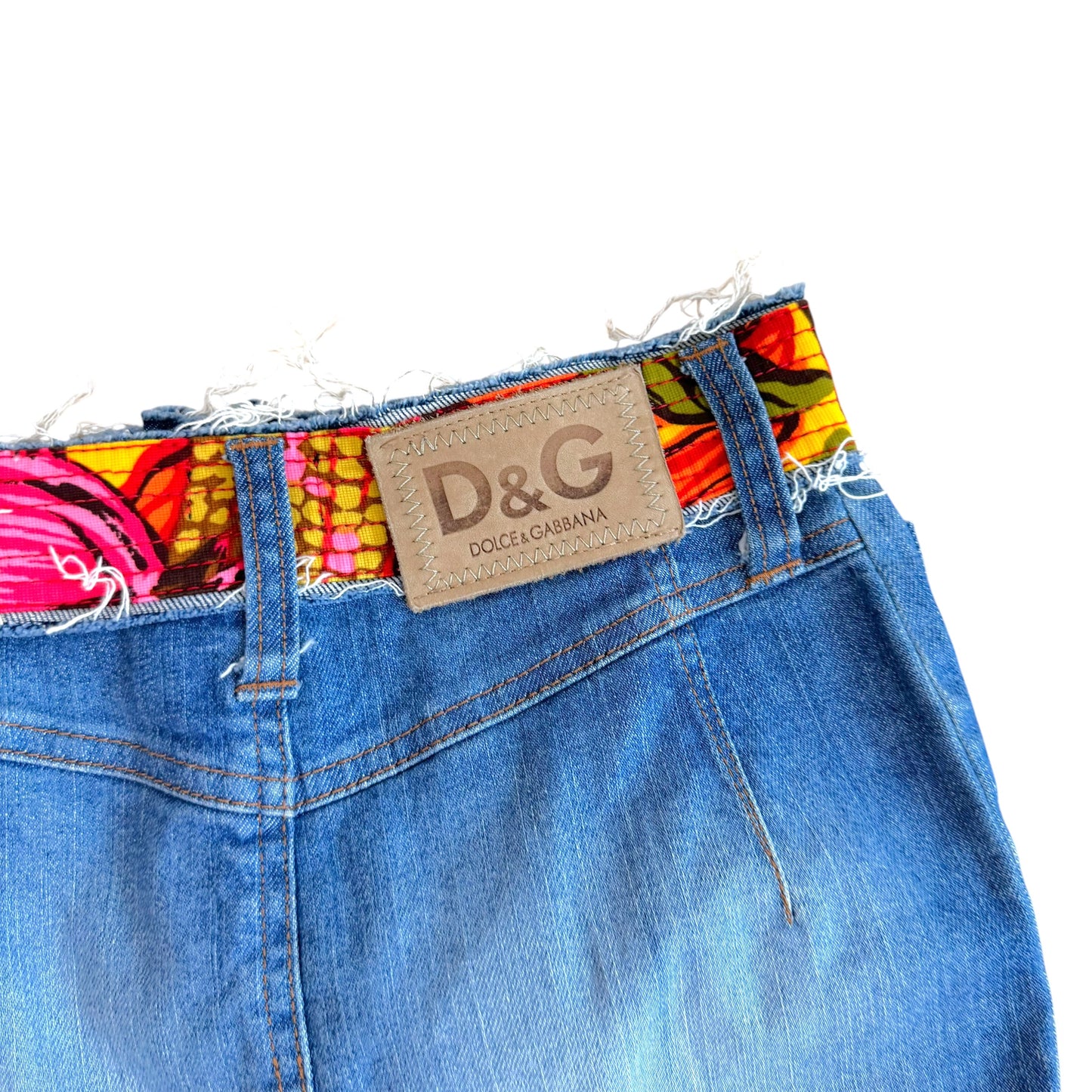 D&G Dolce & Gabbana Denim & Floral Waistband Midi Skirt
