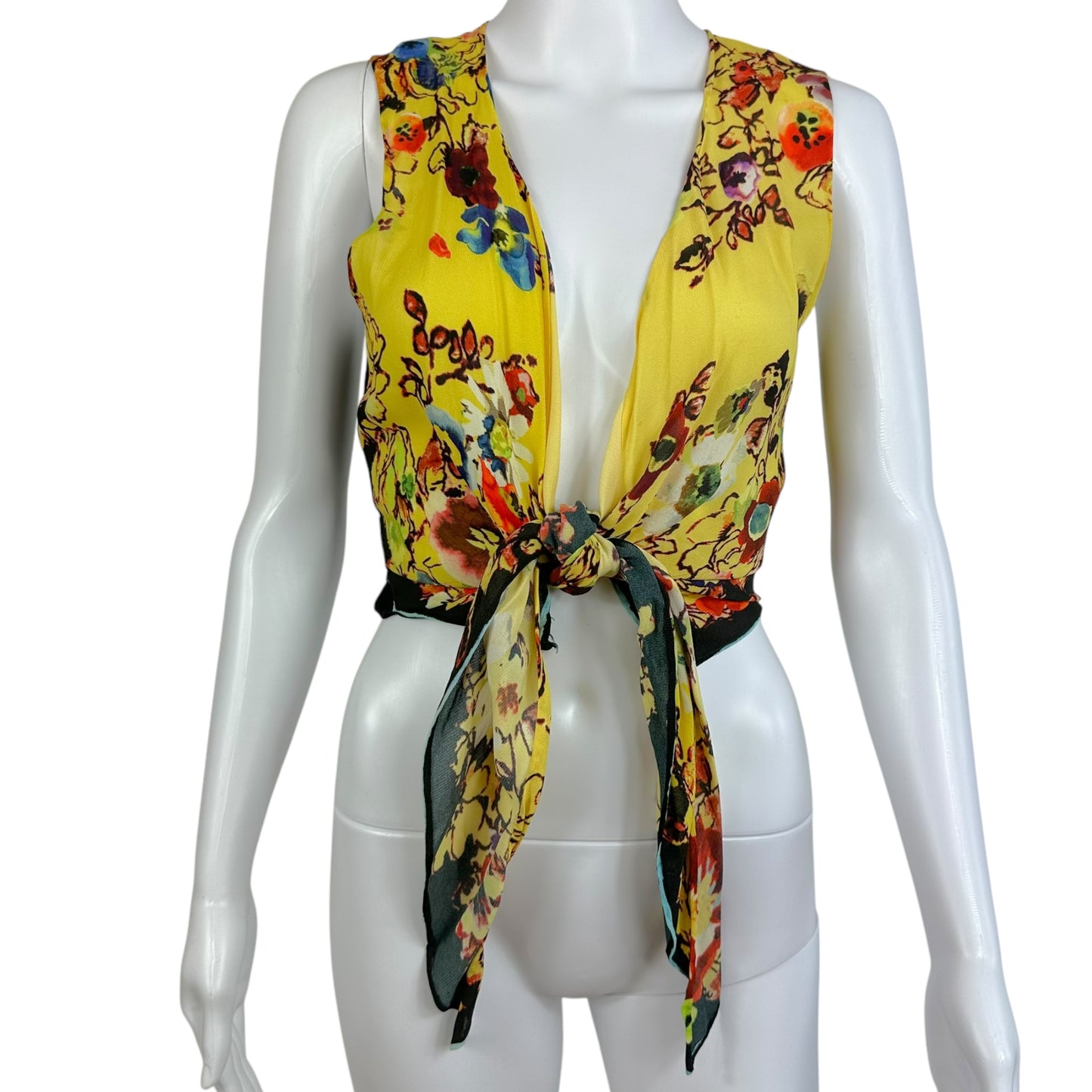 Jean Paul Gaultier Yellow Floral Tie Front Silk Vest Blouse