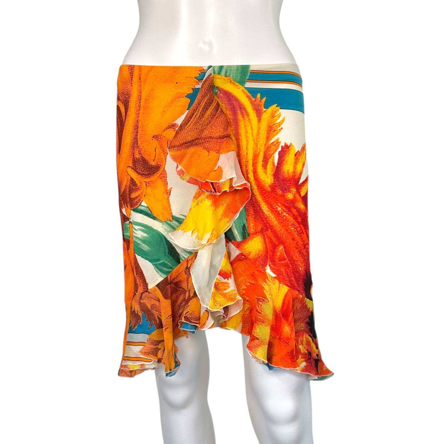 Roberto Cavalli S/S 2006 Orange Multi Printed Silk Ruffle Mini Skirt