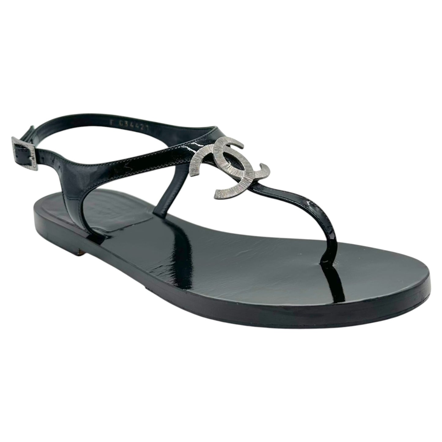 Chanel Black Patent Leather CC Logo Thong Sandals
