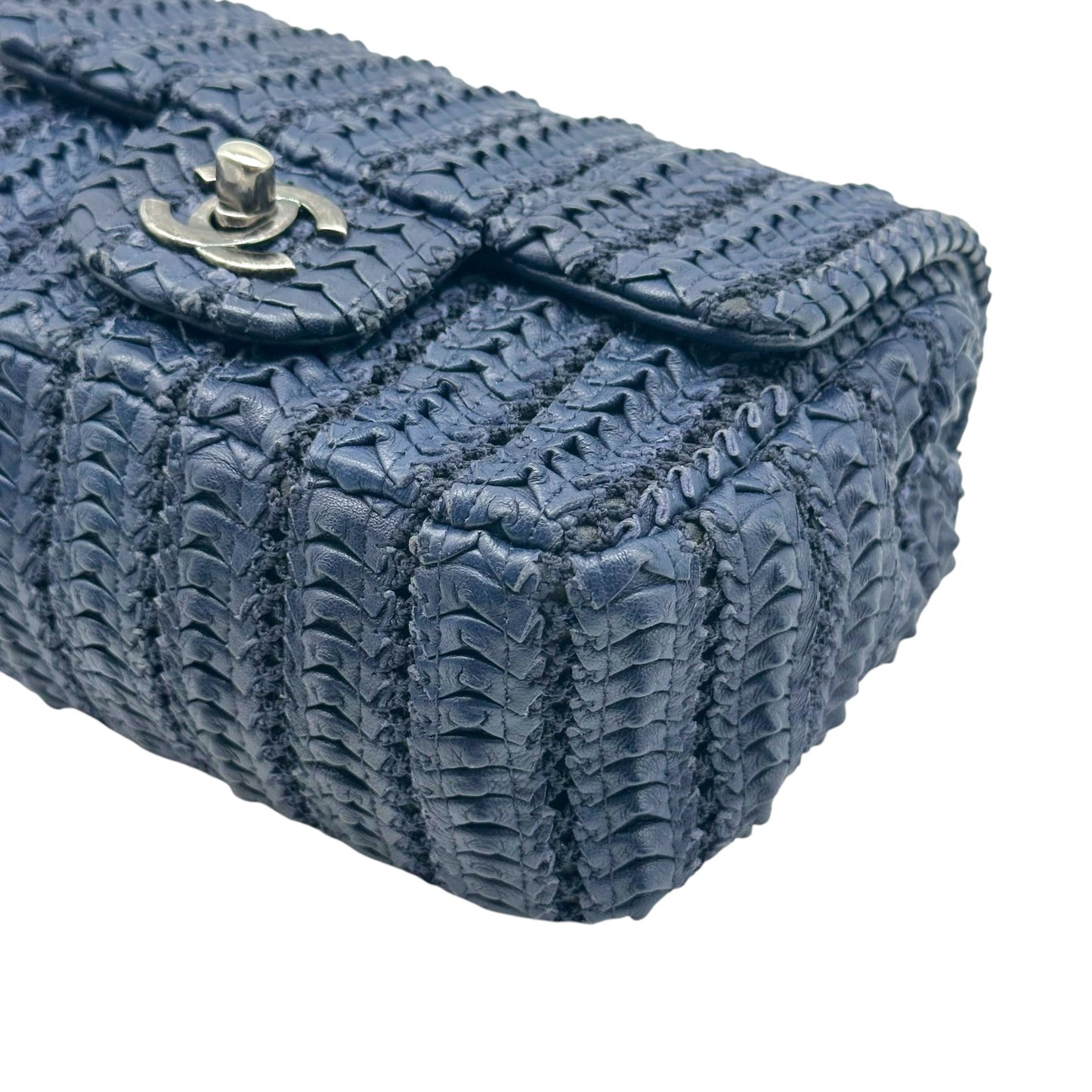 Chanel Small Square Flap Bag Navy Blue Woven Leather