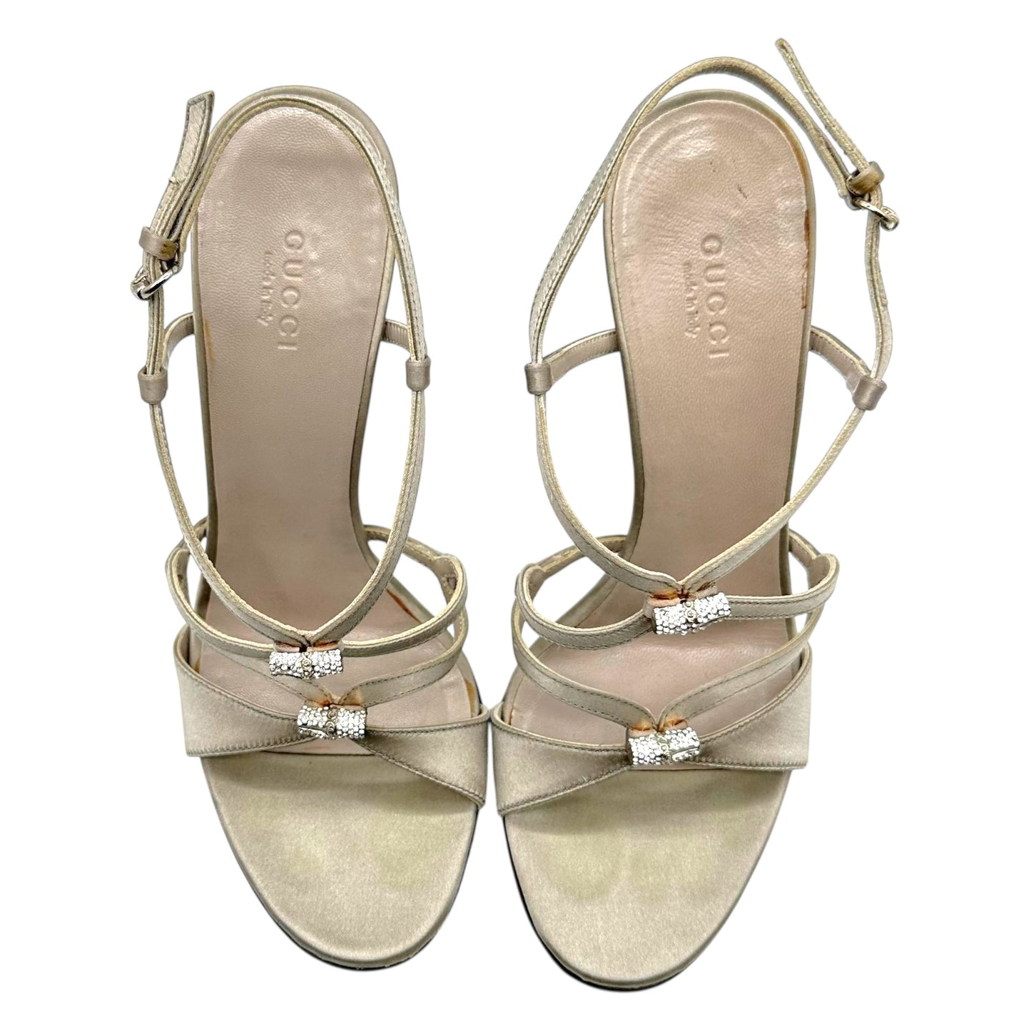 Gucci Silver Satin & Crystal Bamboo Strappy Heels