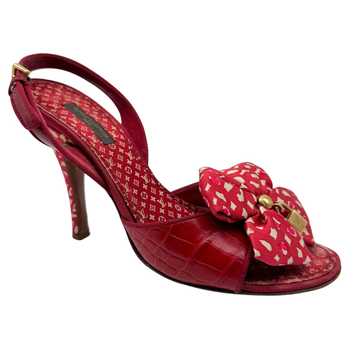 Louis Vuitton Red & White Gingham Silk & Crock Slingback Sandal Heels