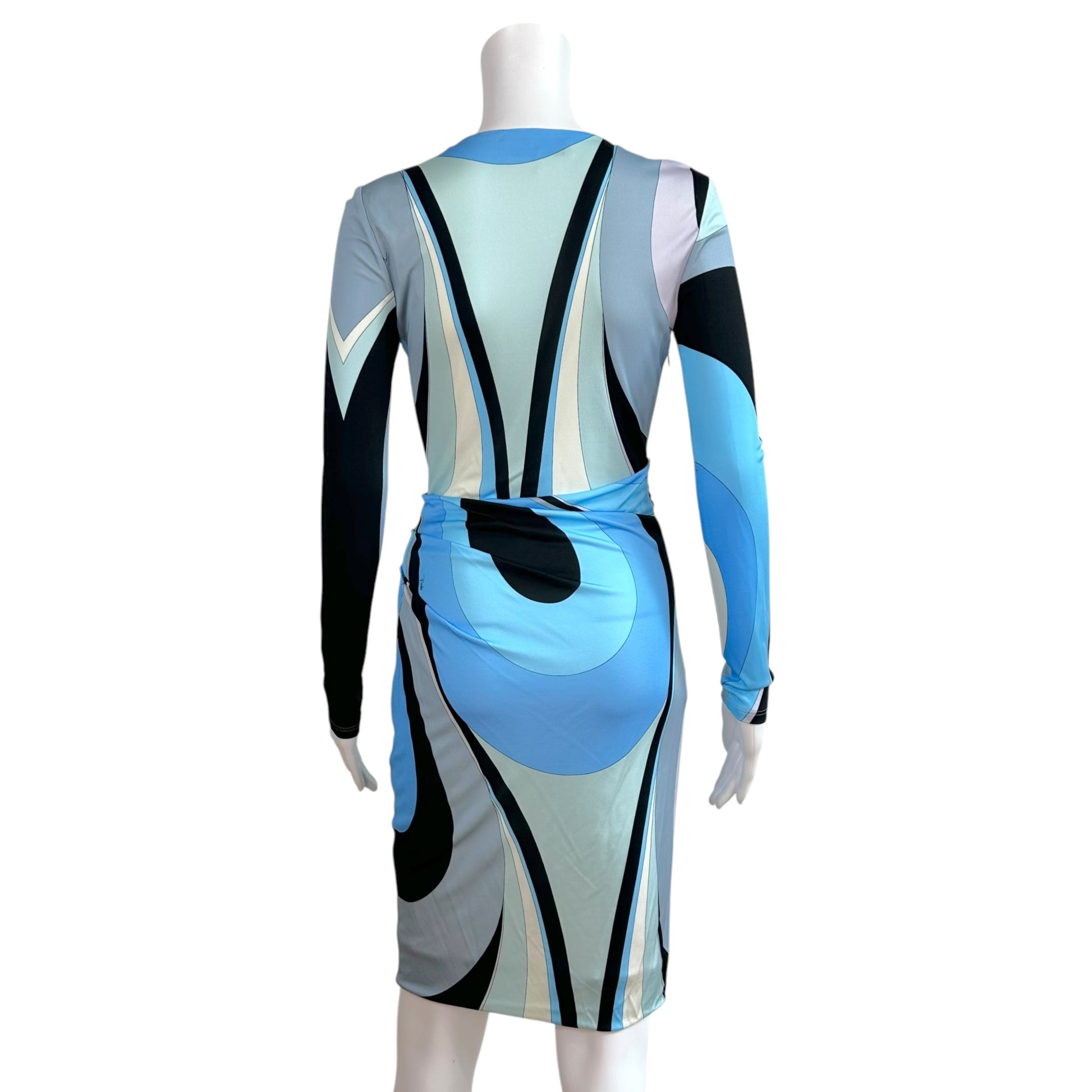 Emilio Pucci Wrap Style Midi Dress Blue Black Print
