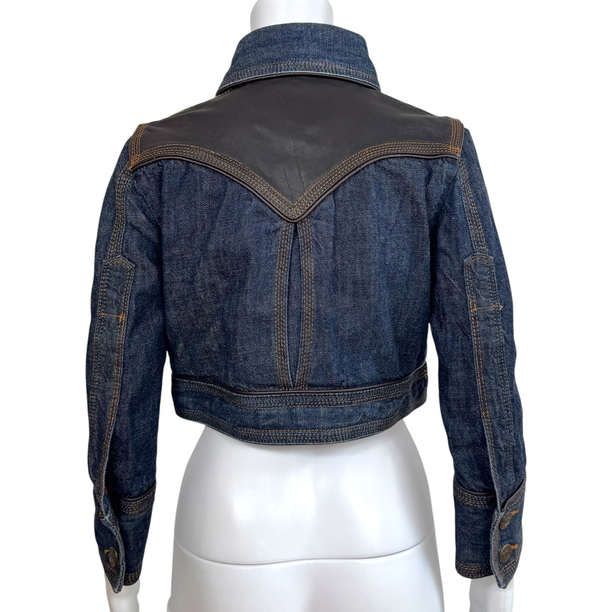 Dsquared2 Dark Wash Denim & Brown Leather Cropped 3/4 Sleeve Jacket NEW