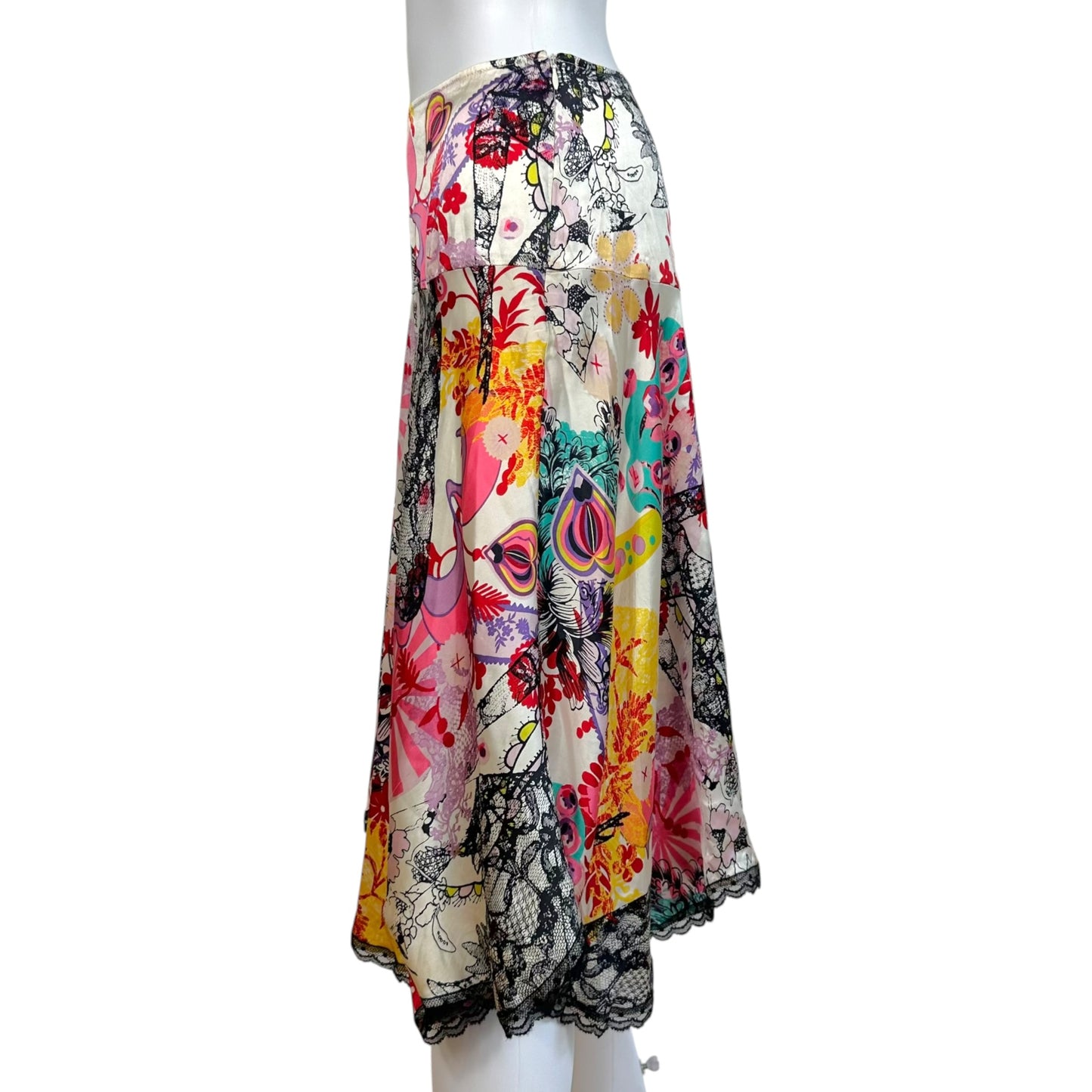 Christian Lacroix Bazaar Multicolor Floral Print Silk & Lace Midi Skirt