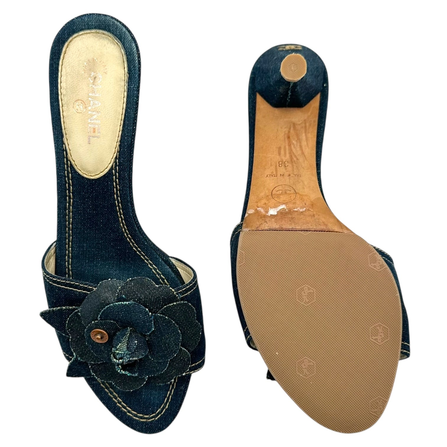 Chanel Denim Camellia Flower Mule Heels - Outfit Repeater