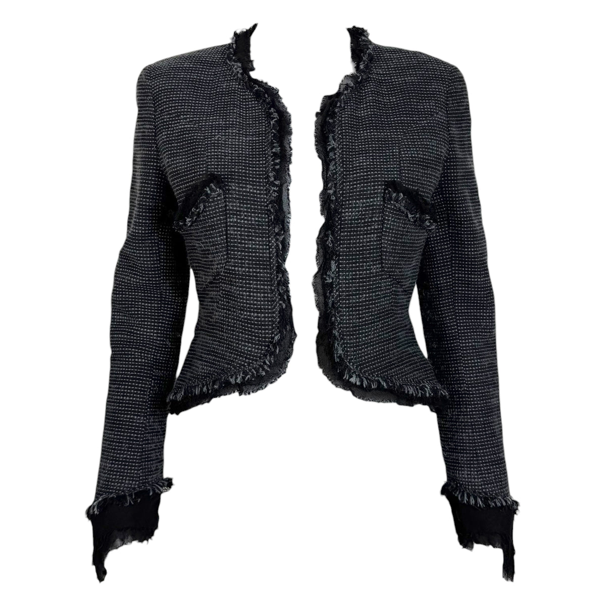 Chanel Cruise 2004 Black & Gray Tweed Silk Trim Cropped Blazer Jacket