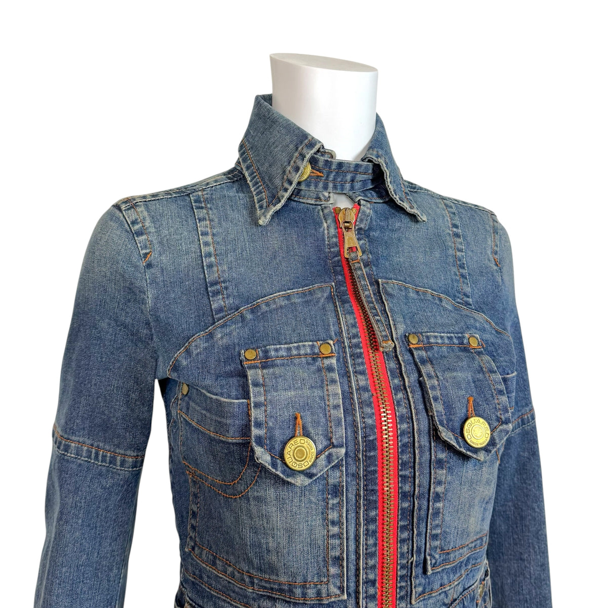 Dsquared2 Distressed Denim Contrast Zip Cropped Jacket