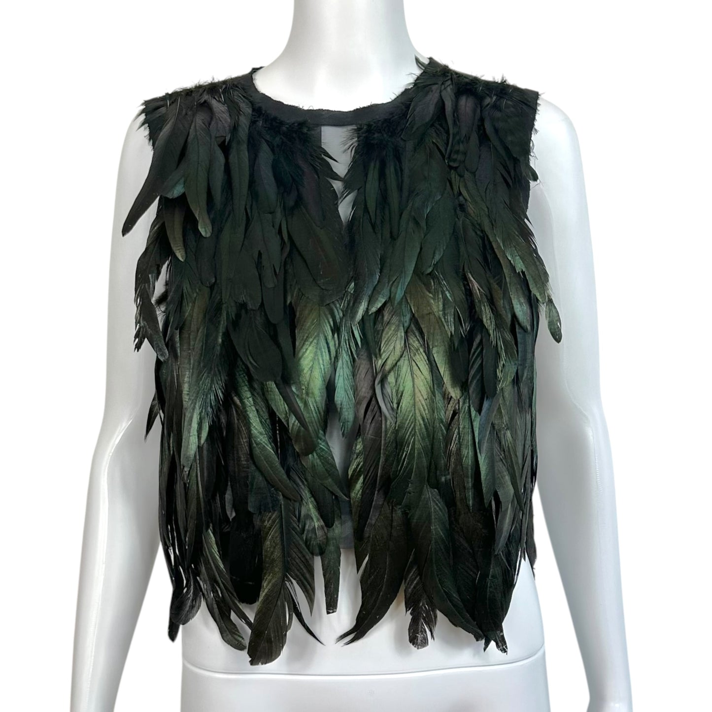 Nicole Miller Atelier Black Leather & Iridescent Green Feather Embellished Cropped Top
