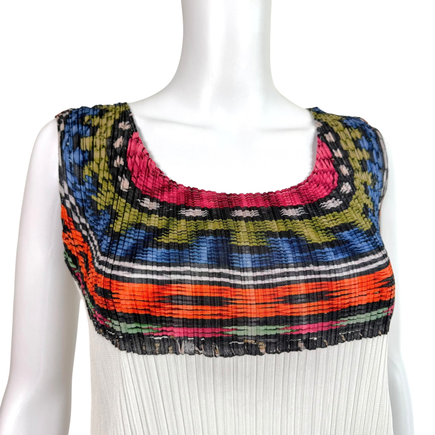 Issey Miyake Pleats Please Multicolor Patterned Neckline White Pleated Mini Dress Sz 3