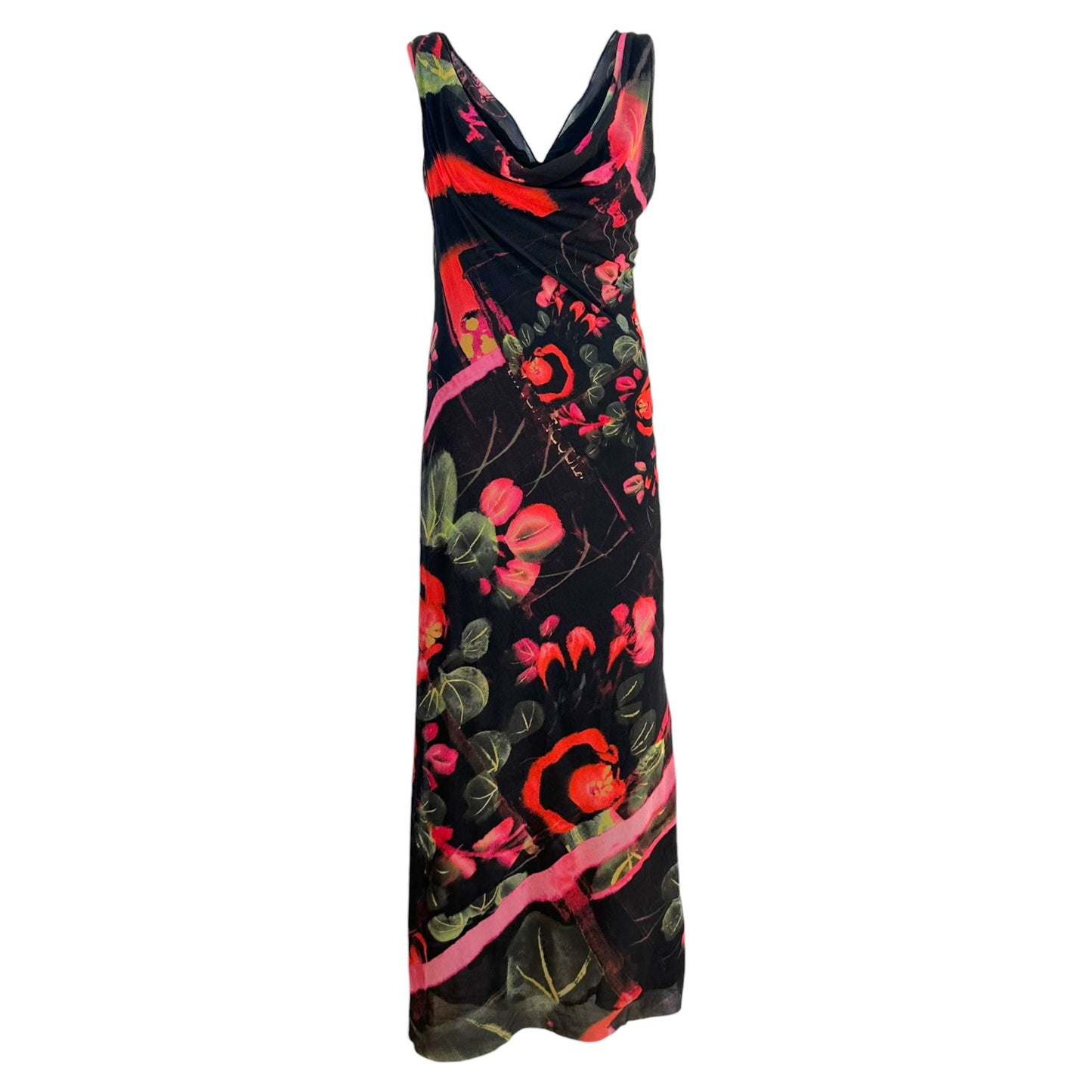 Jean Paul Gaultier Soleil Black & Red Floral Print Cowl Neck Mesh Maxi Dress