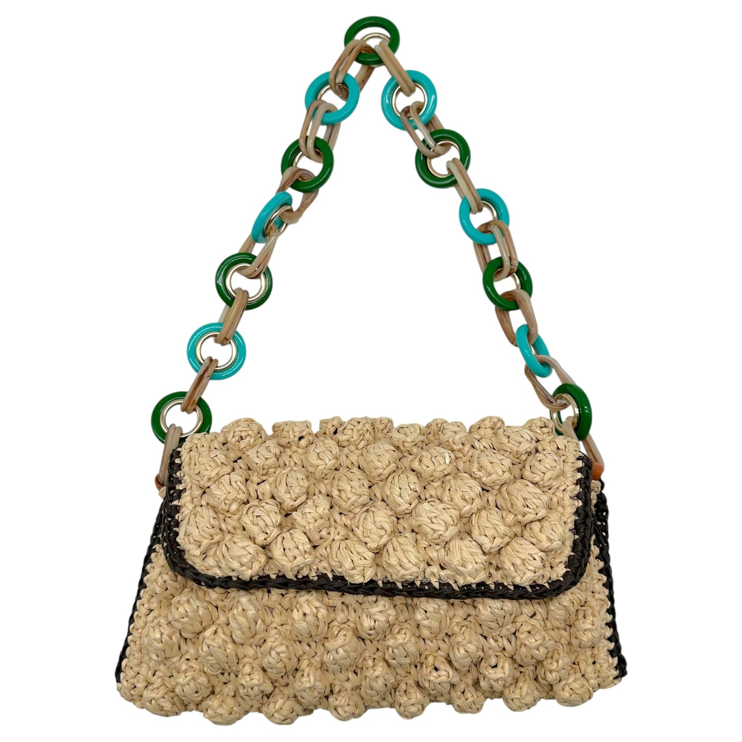 Missoni M Beige Raffia & Turquoise PVC Chain Shoulder Bag