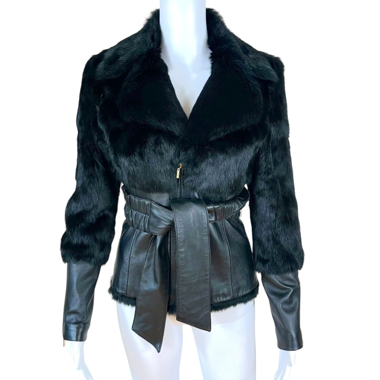 Marciano Black Leather & Rabbit Fur Wrap Coat