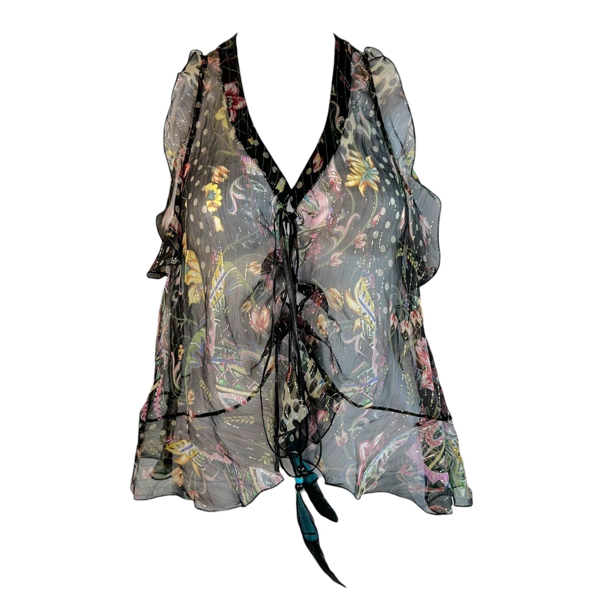 Roberto Cavalli Sheer Floral Print Silk Blouse