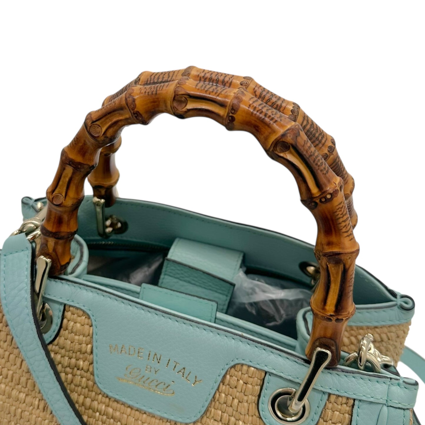 Gucci Raffia & Bamboo Blue Leather Trim 2-Way Bag - Outfit Repeater