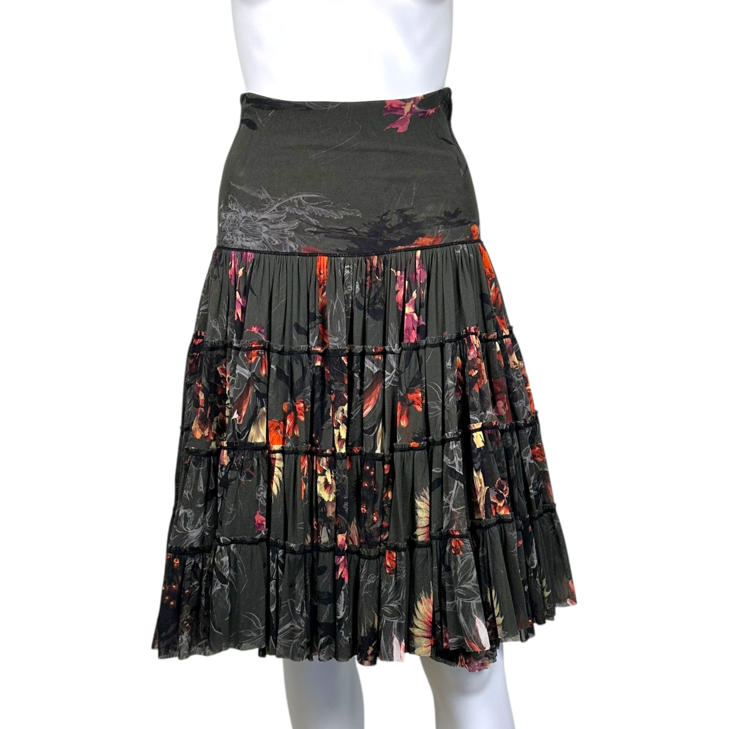 Jean Paul Gaultier Soleil Dark Green Floral Printed Mesh Midi Skirt