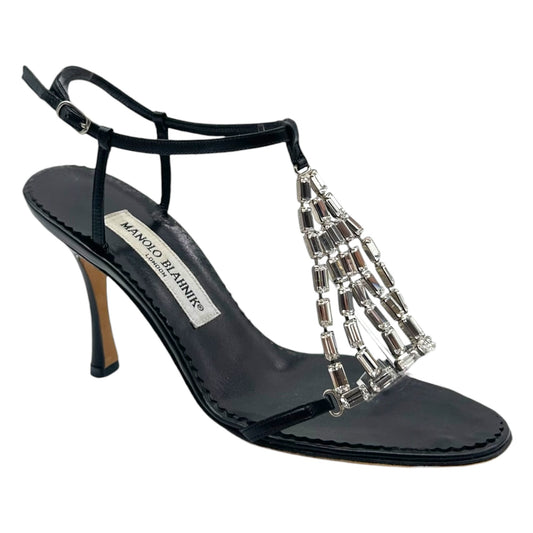 Manolo Blahnik Black Crystal Embellished Heeled Sandals