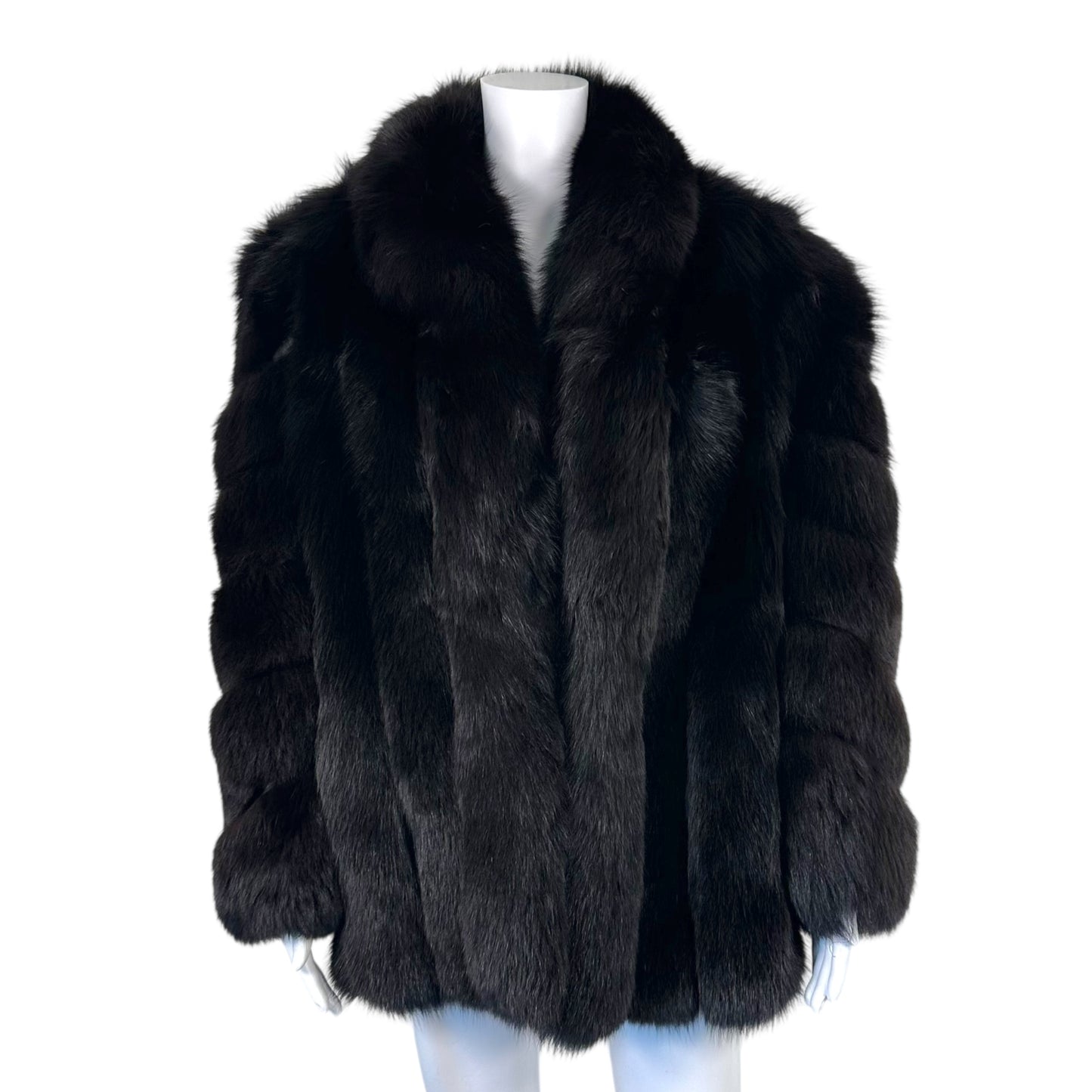 Saga Black Fox Fur Coat Vintage Open Front M