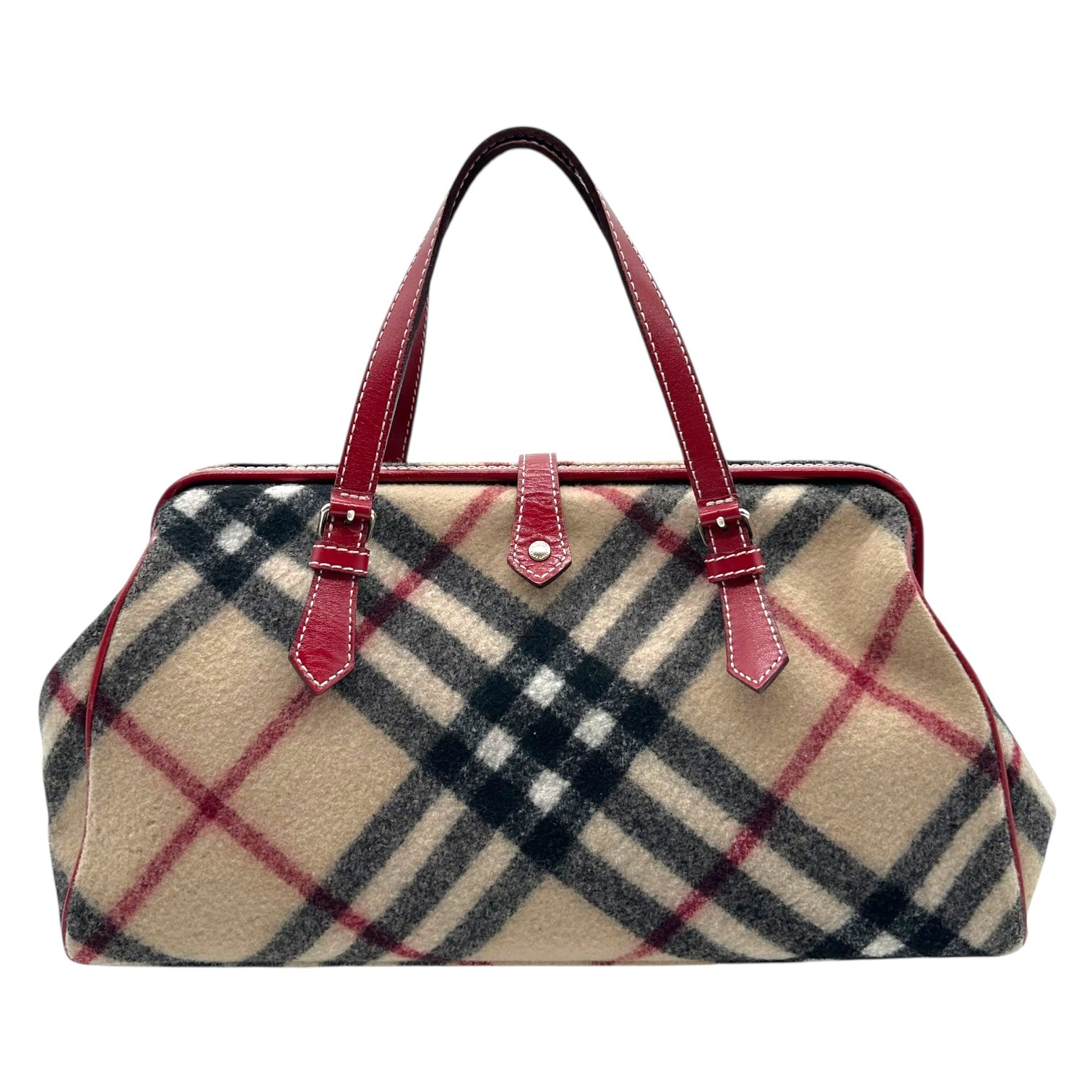 Burberry Blue Label Tan Nova Check Plaid Wool Leather Trim East West Bowler Bag - Outfit Repeater