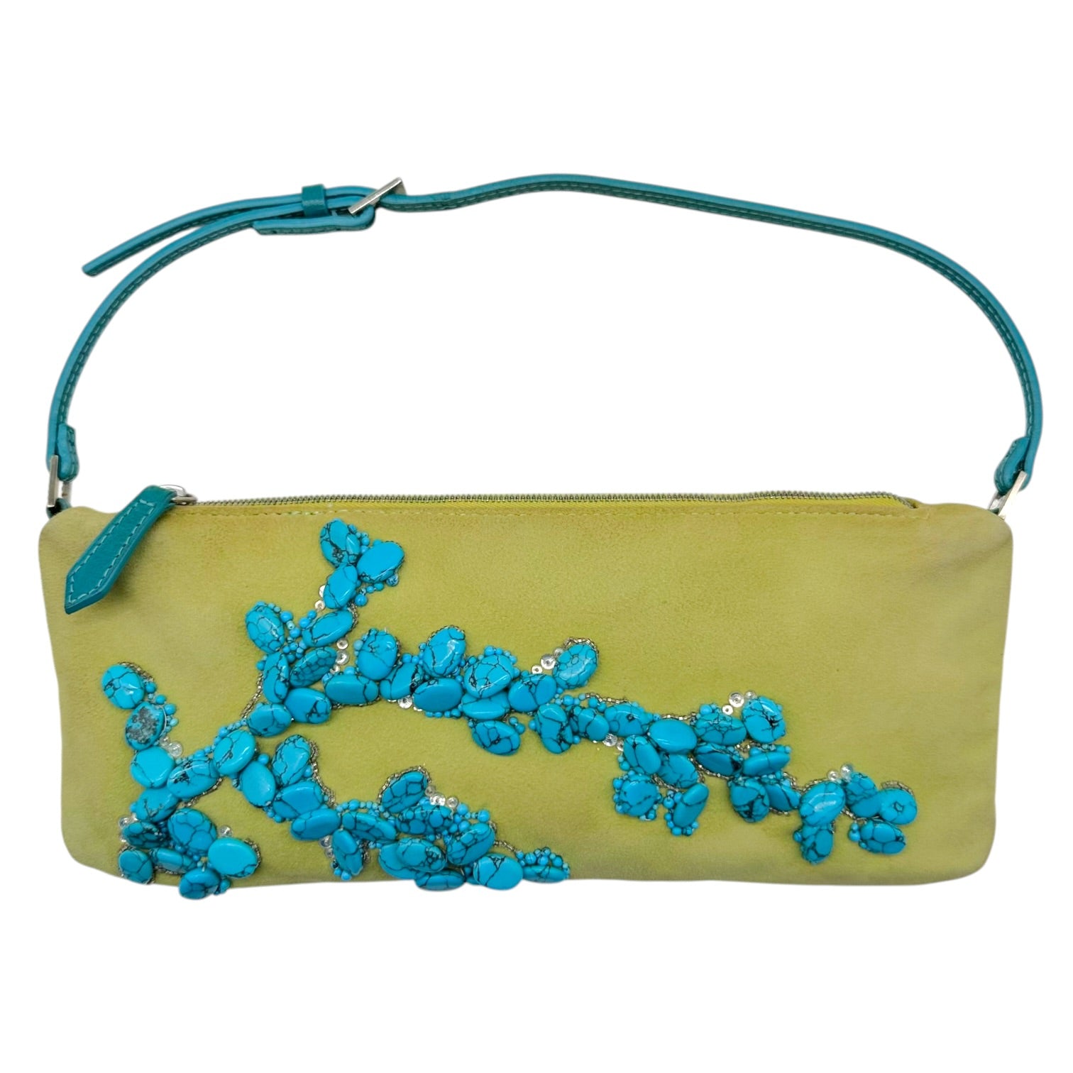 Valentino Green Suede Turquoise Beaded Pochette Bag