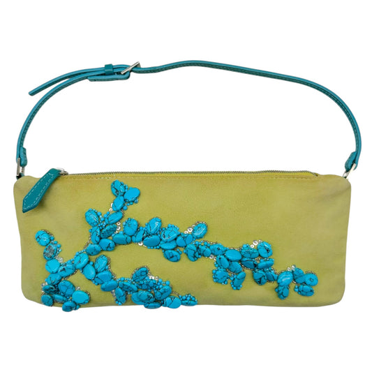 Valentino Green Suede Turquoise Beaded Pochette Bag