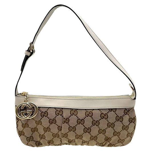 Gucci Tan Monogram & White Leather Trim Pochette Bag
