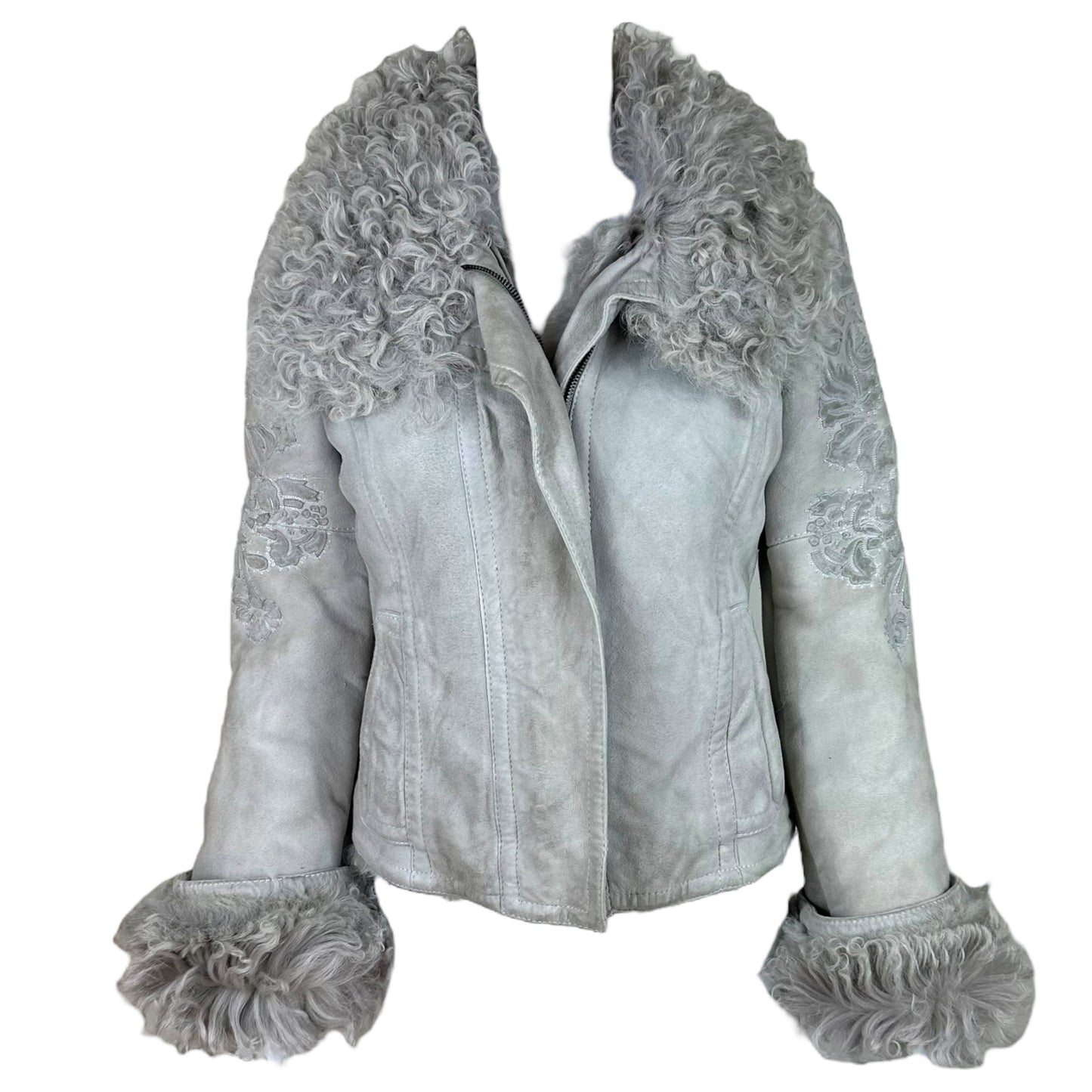 Gucci Light Gray Embroidered Shearling Coat