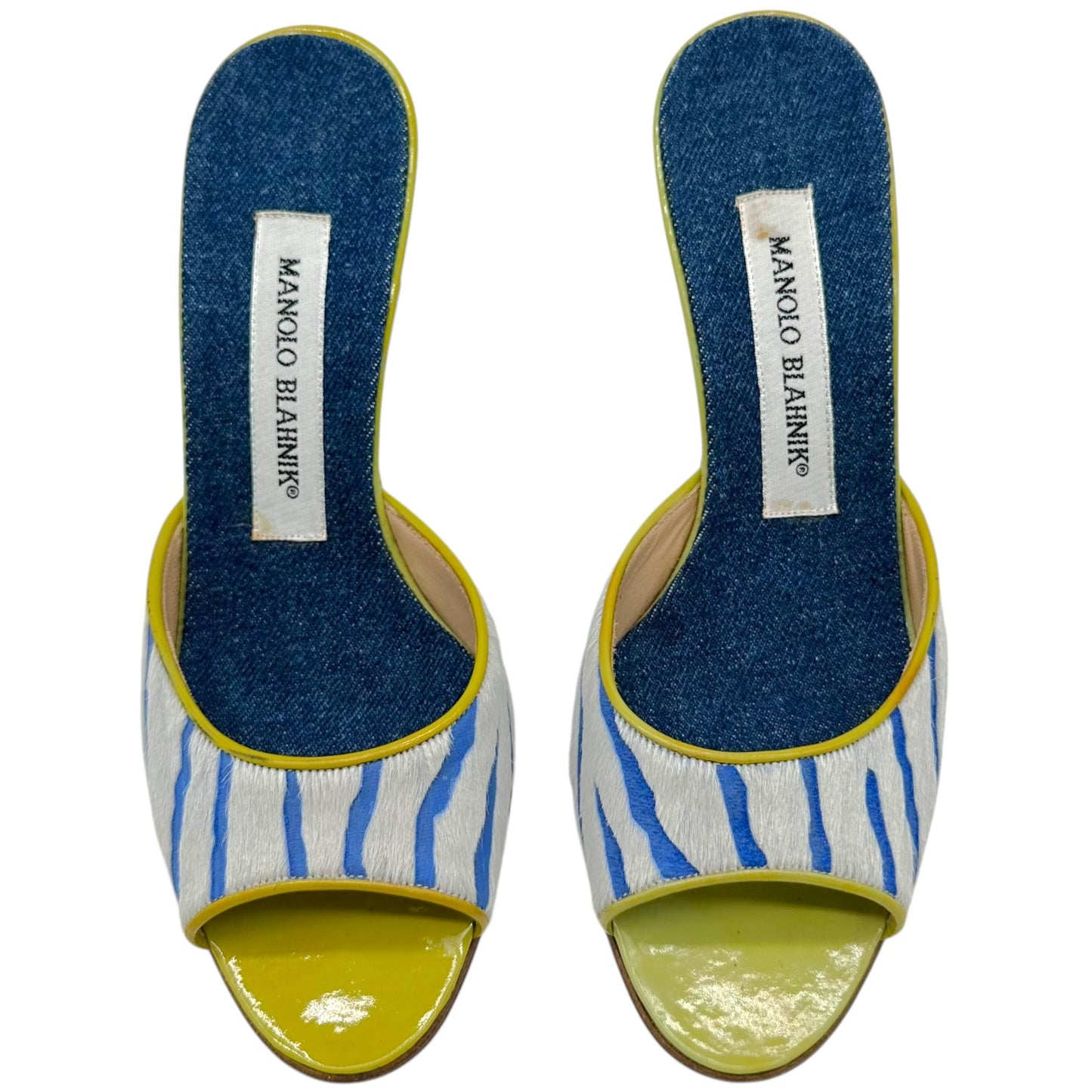 Manolo Blahnik Blue & Green Zebra Print Ponyhair Mule Heels