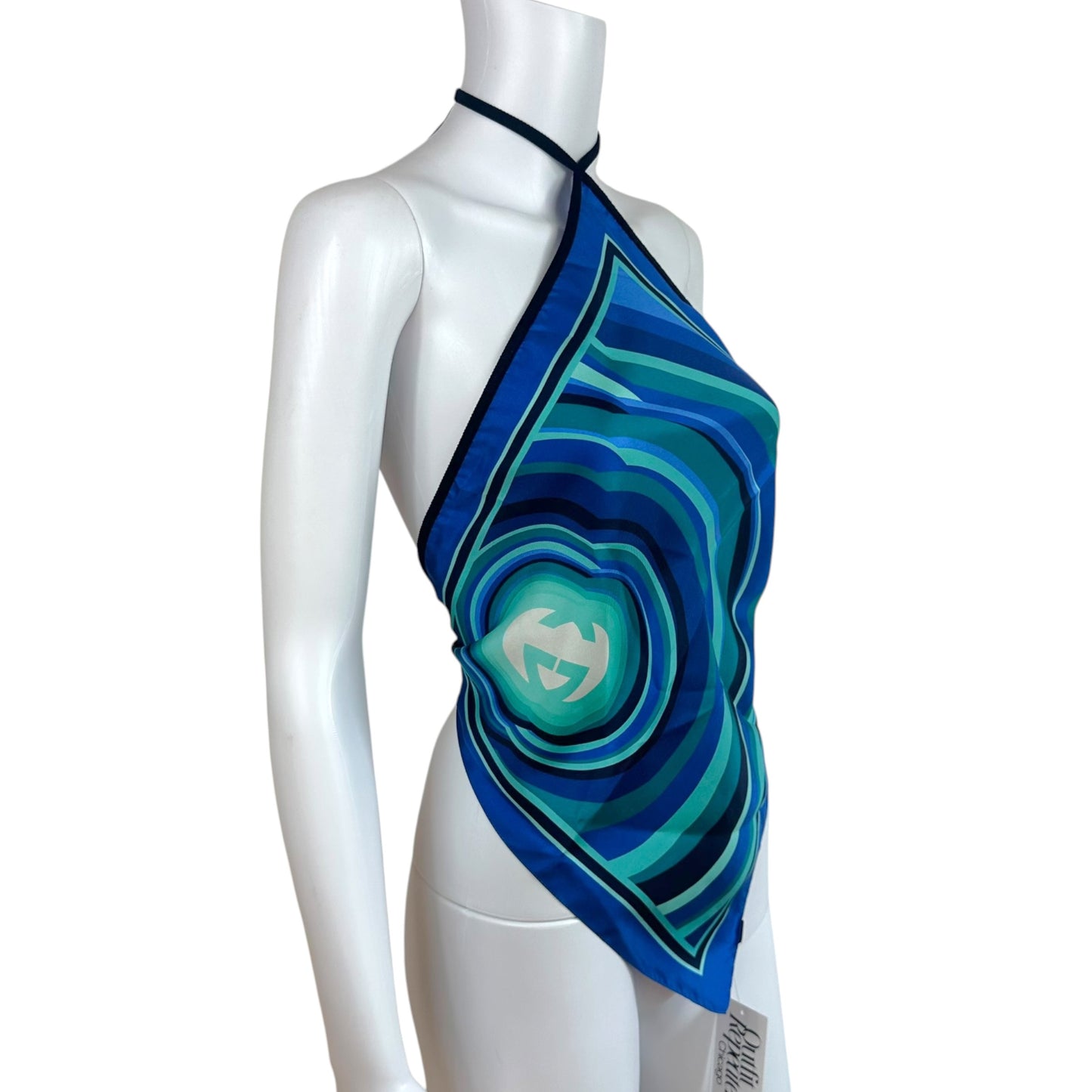 Gucci by Tom Ford Blue & Turquoise Silk Scarf Open-Back Halter Top
