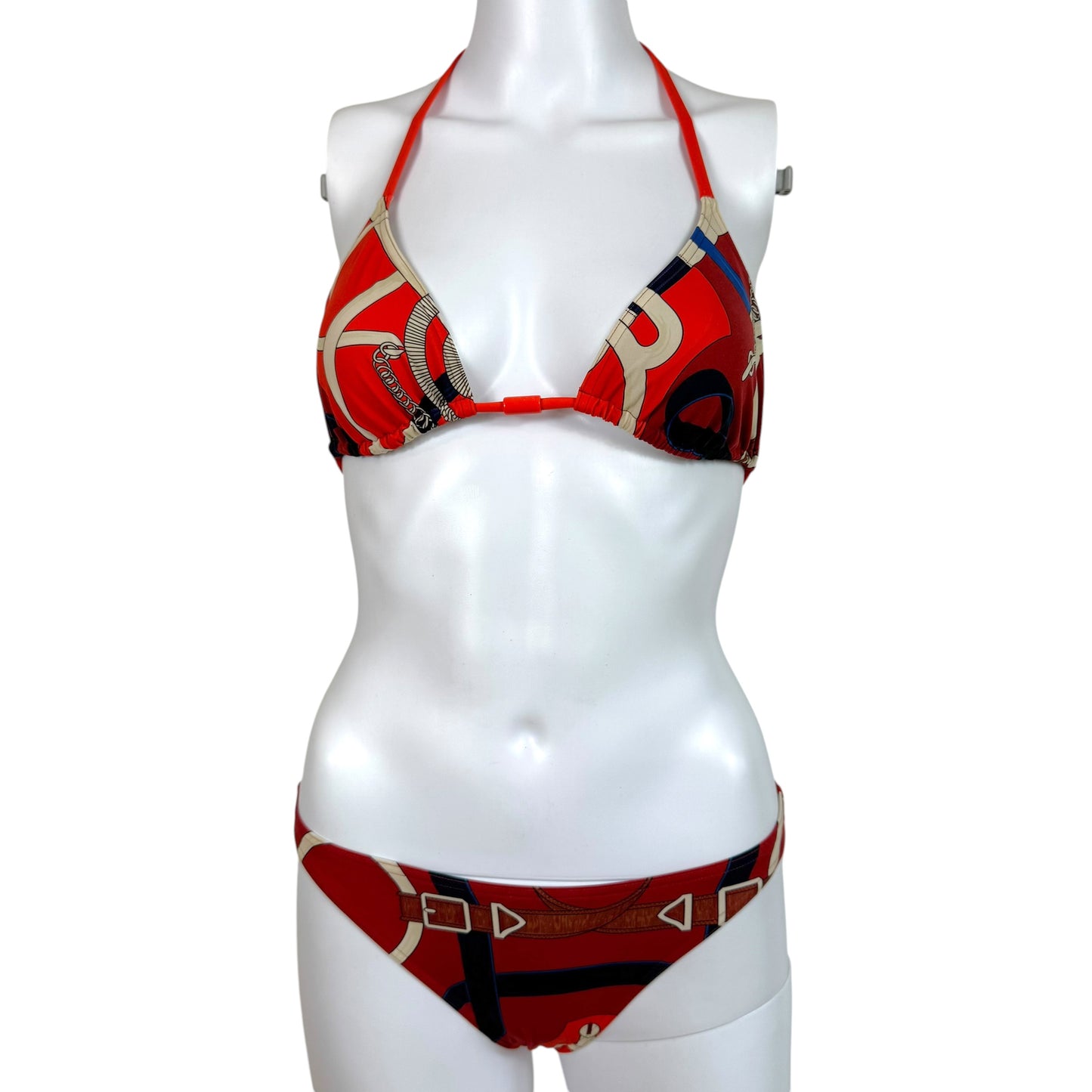 Hermes Burgundy & Red Buckle Print Triangel Tie Bikini Set
