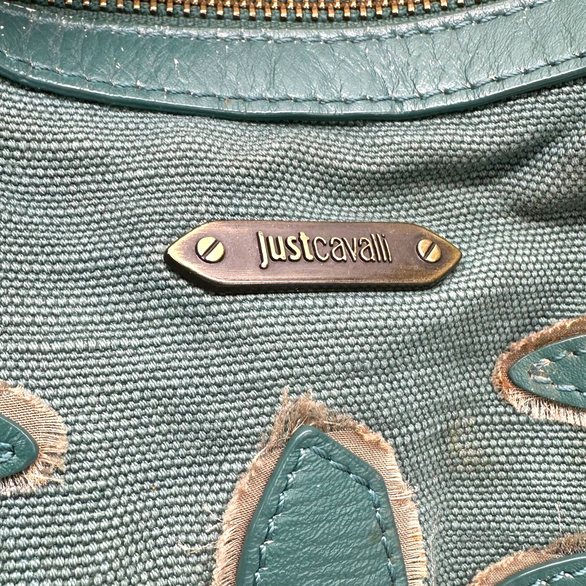 Just Cavalli Roberto Cavalli Teal Canvas & Leather Embroidered Hobo Bag - Outfit Repeater