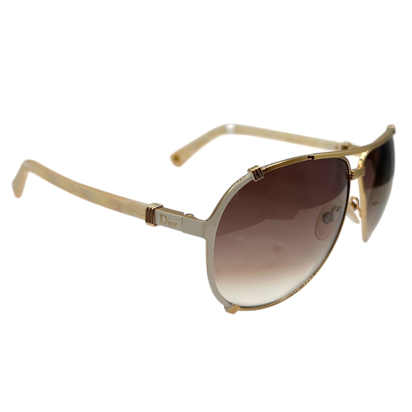 Christian Dior Gold & White Brown Lens Aviator Sunglasses DiorChicago2 w/ Case