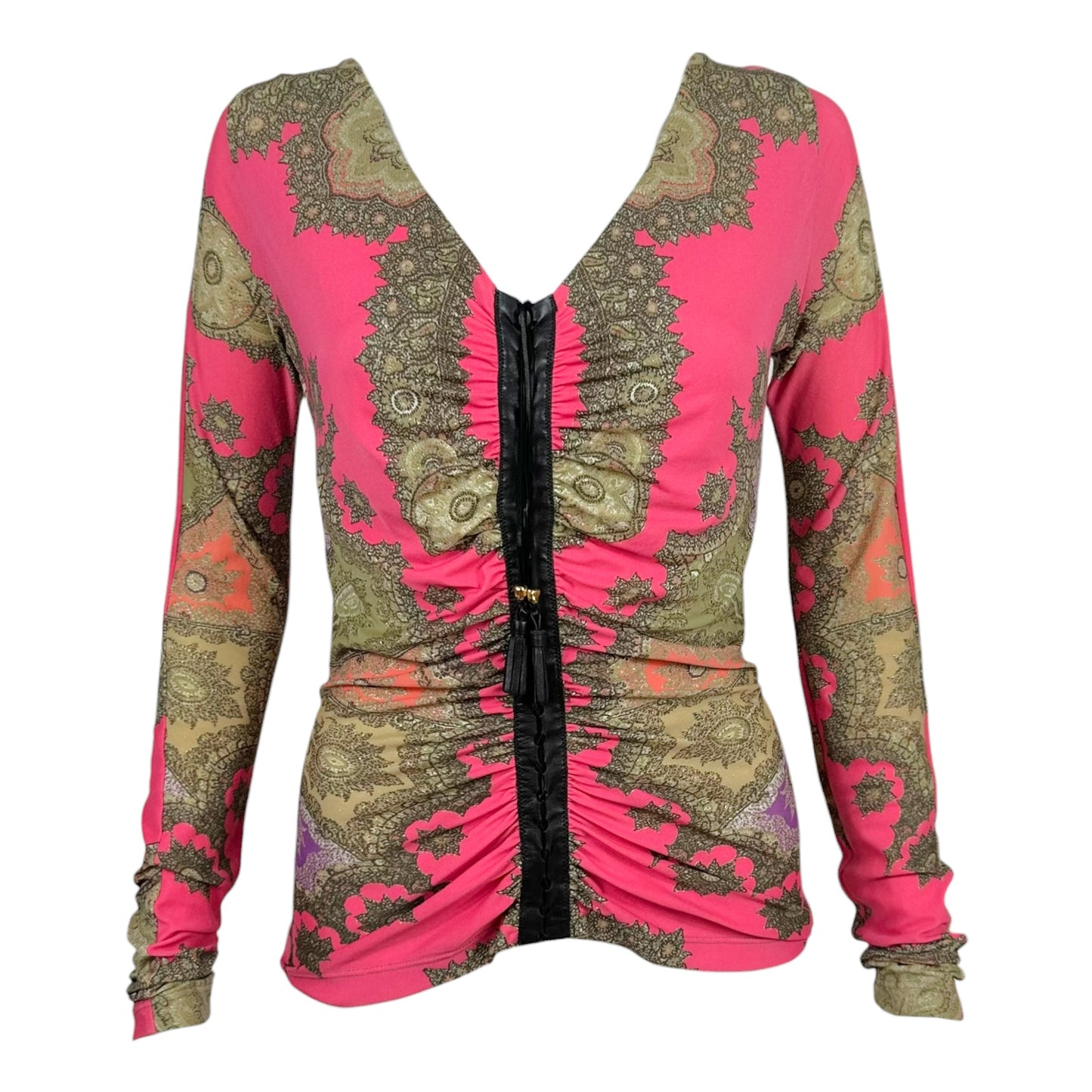 Roberto Cavalli 2004 Pink Paisley Print Silk & Leather Lace-Up Top
