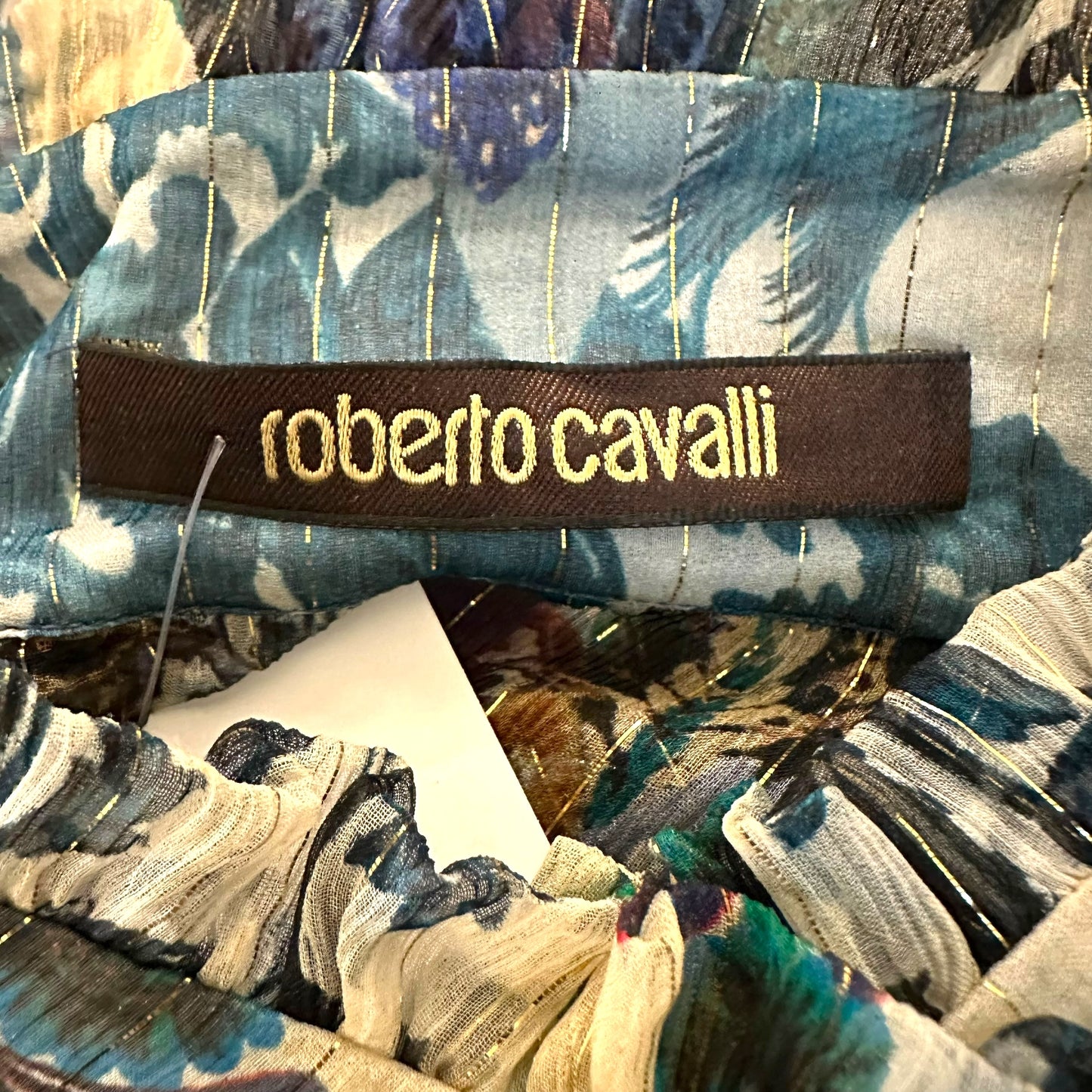 Roberto Cavalli Blue Floral Print Metallis Sheer Blouse