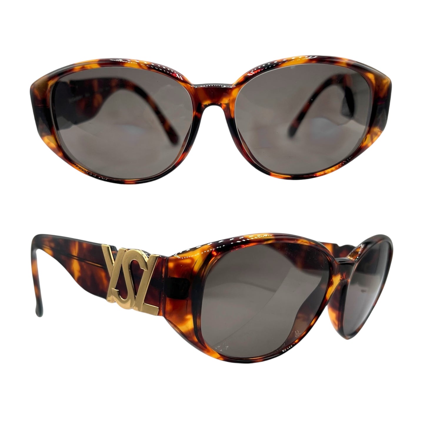 Yves Saint Laurent Brown Tortoise & Gold Logo Oversized Oval Sunglasses