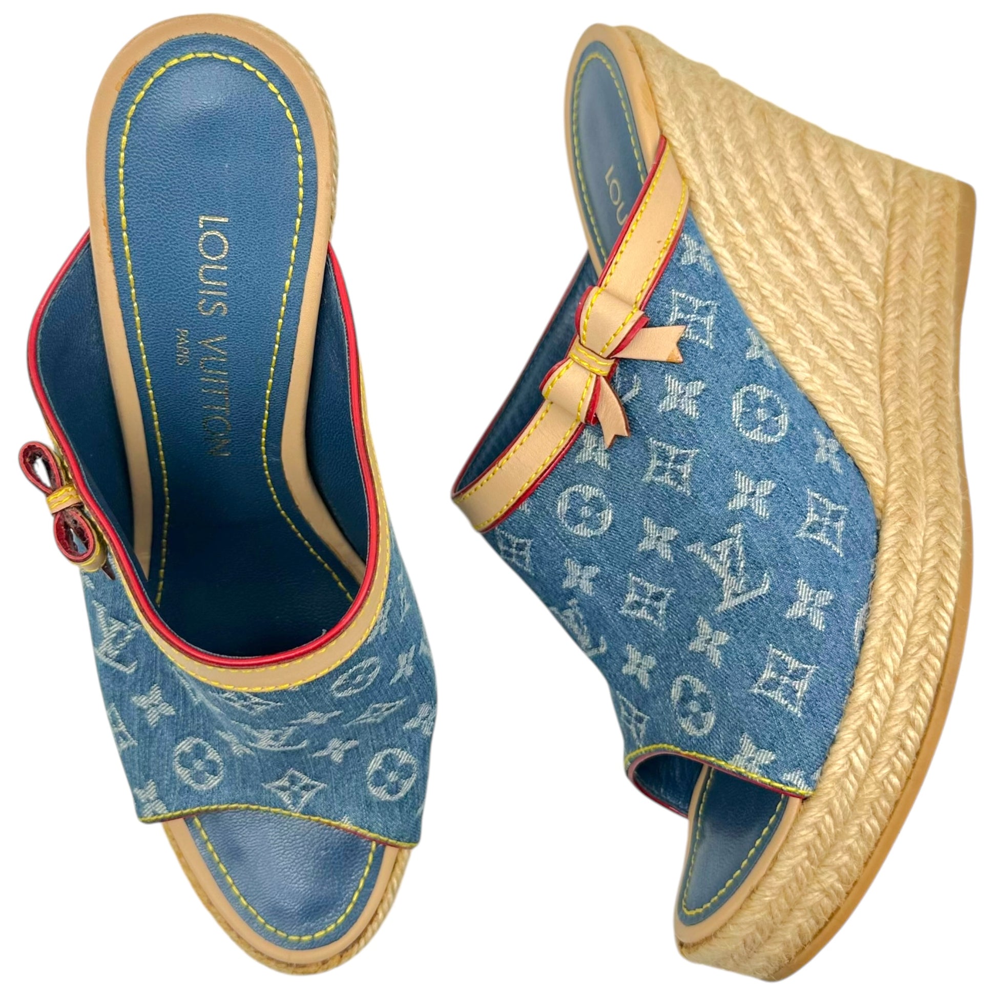 Louis Vuitton Denim Monogram Wedge Mule Heels