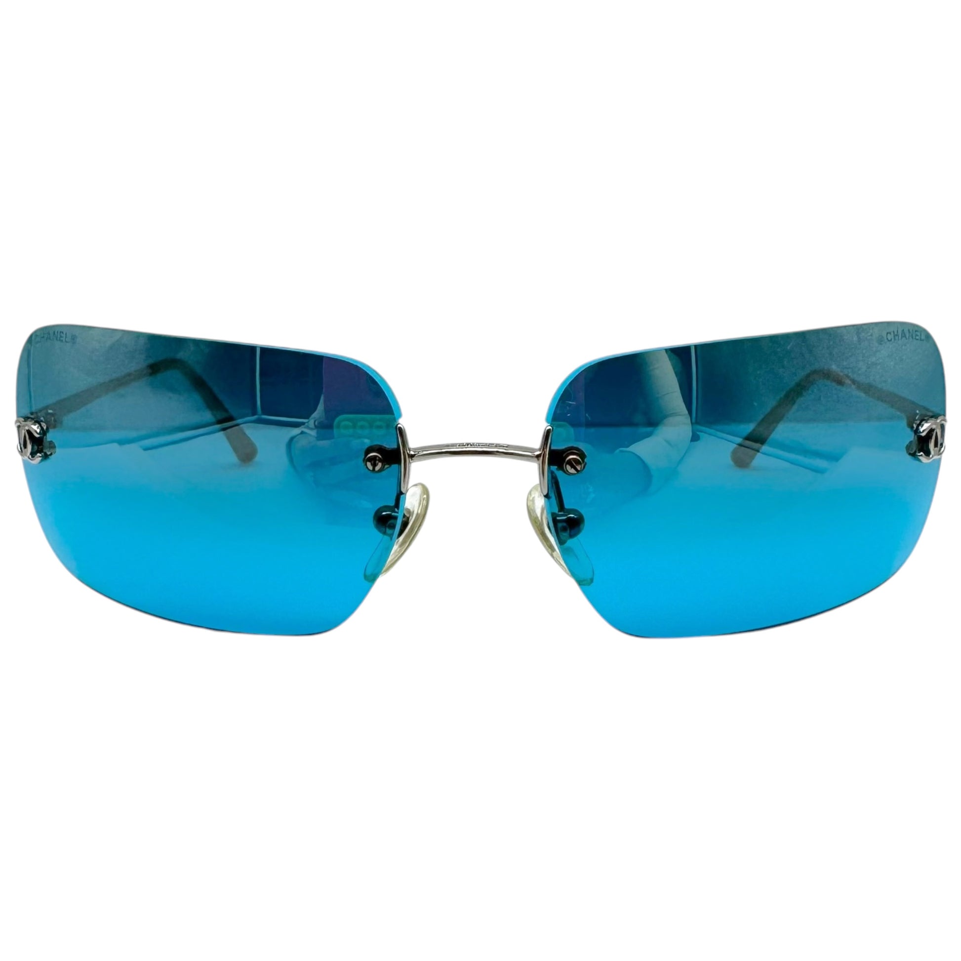 Chanel Rimless Rectangle Sunglasses Turquoise Silver