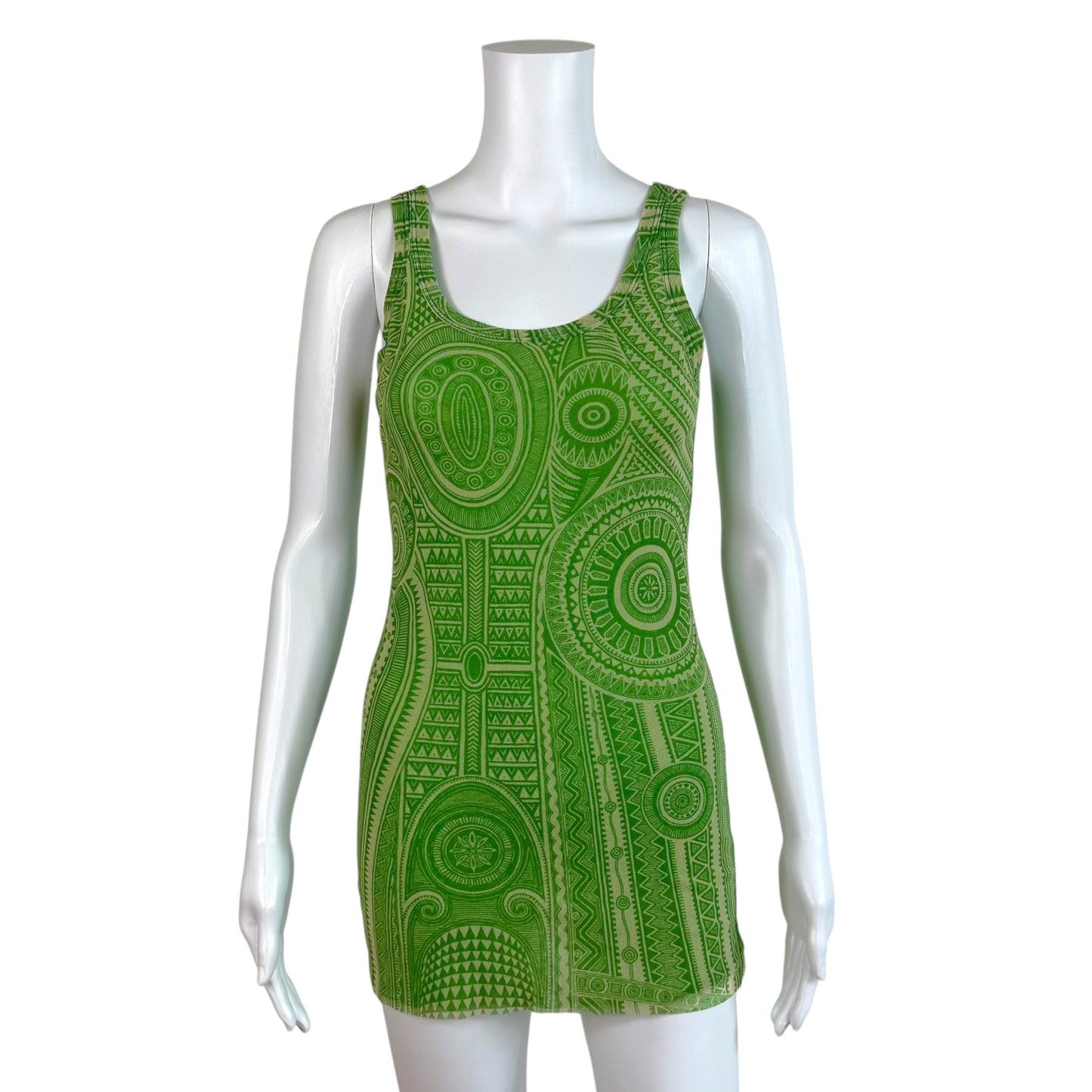 Jean Paul Gaultier Green Ivory Tribal Printed Mesh Tank Top