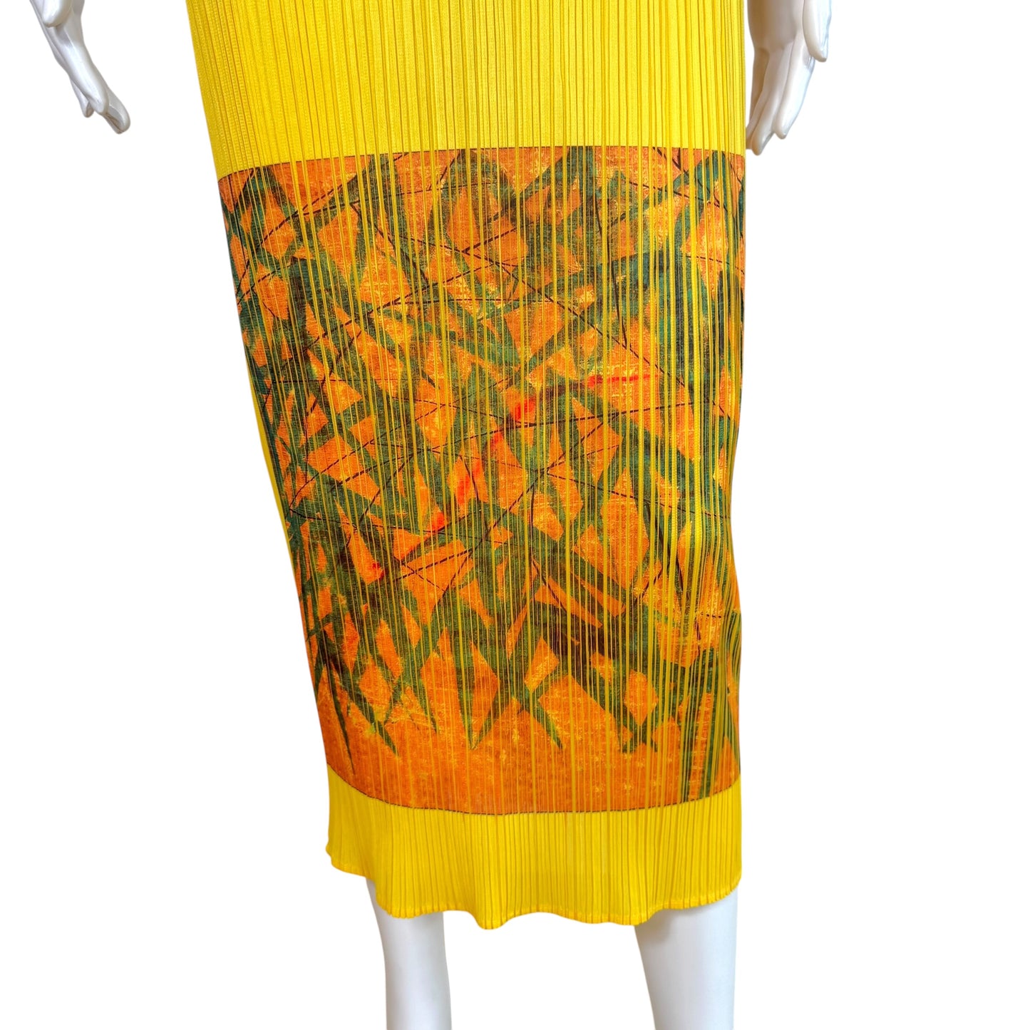 Issey Miyake Pleats Please Yellow Multi Yin-Yang & Bamboo Leaf Printed Dress Sz 3
