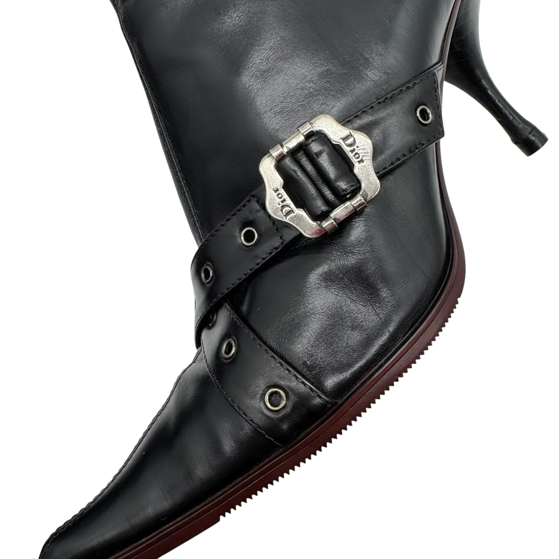 Christian Dior Black Leather Heeled Buckle Boots - Outfit Repeater
