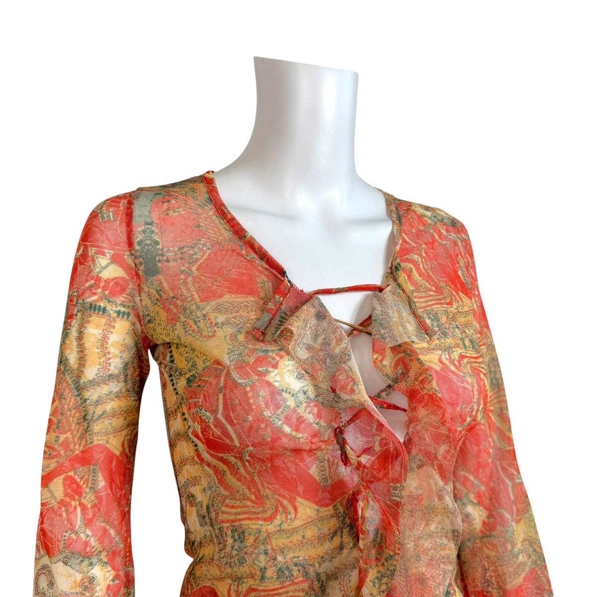 Jean Paul Gaultier Red Beige Paisley Print Mesh Top