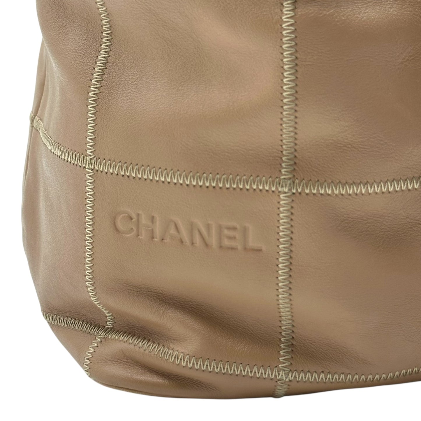 Chanel Tan Leather Chocolate Bar Quilted Bucket Bag