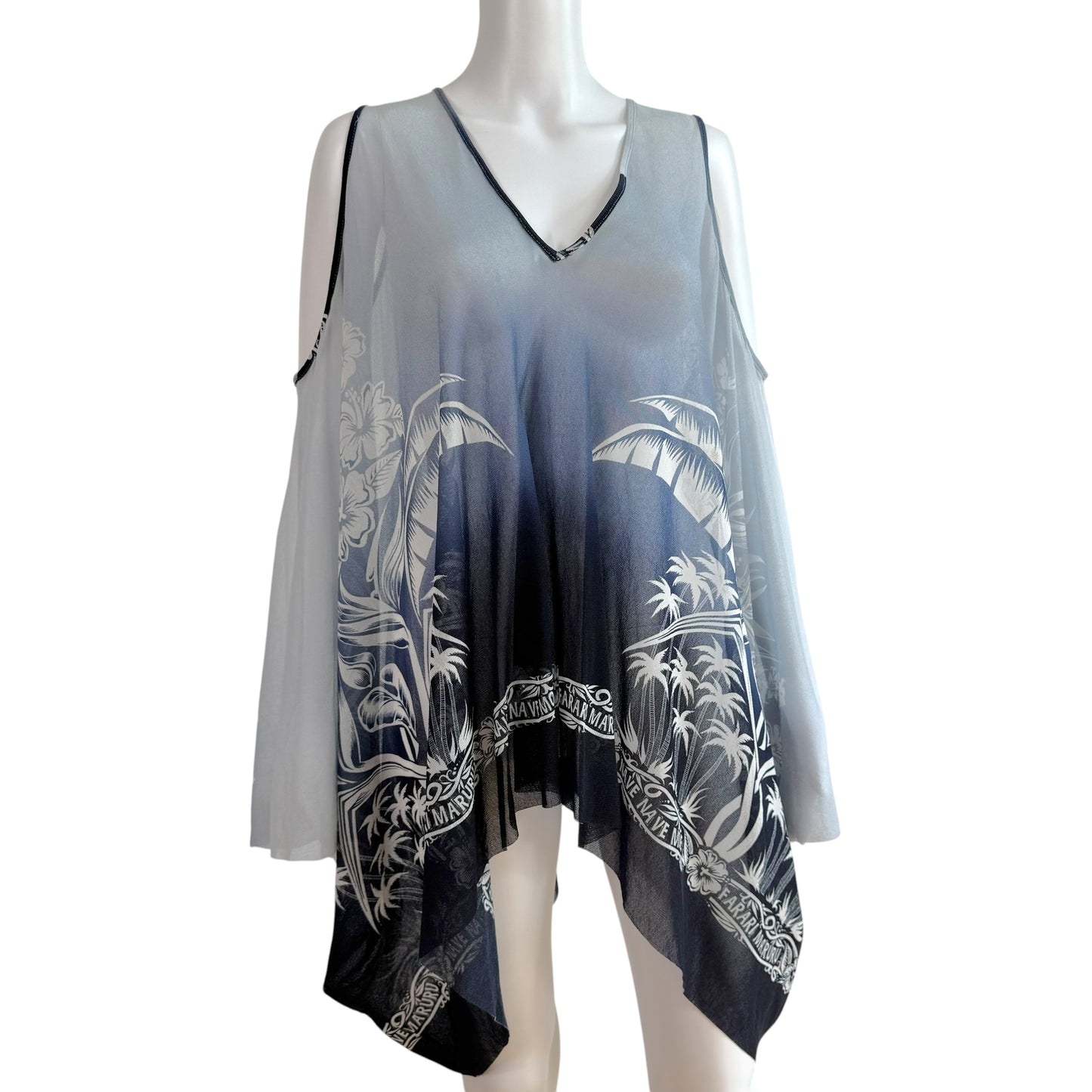 Jean Paul Gaulter Soleil Blue Gradient Tropical Print Mesh Sleeveless Blouse