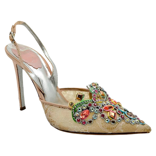 Rene Caovilla Multicolor Crystal & Beige Lace Slingback Heels