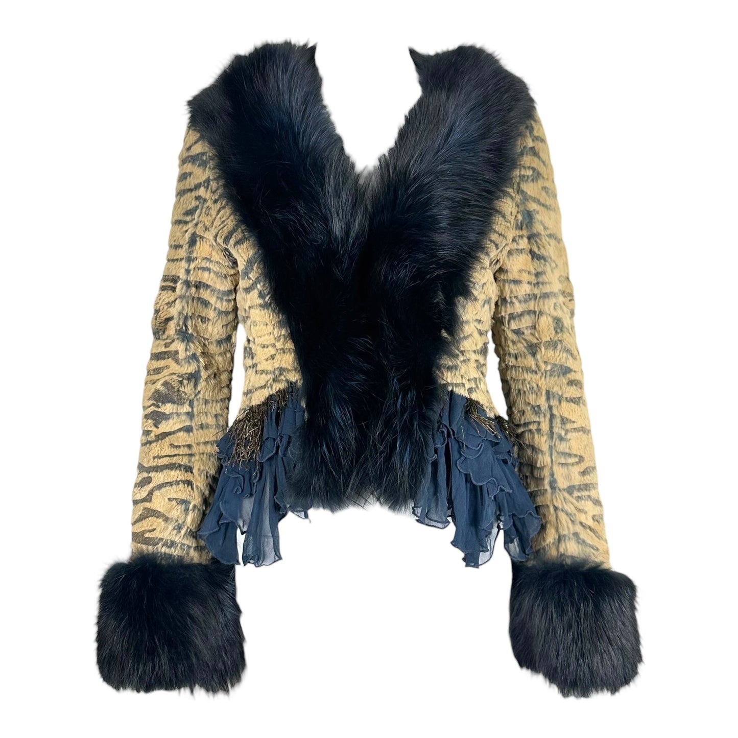 Vintage Blue Fox Fur & Silk Ruffle Trim Tiger Print Jacket
