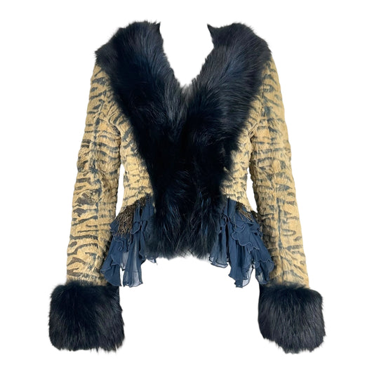 Vintage Blue Fox Fur & Silk Ruffle Trim Tiger Print Jacket