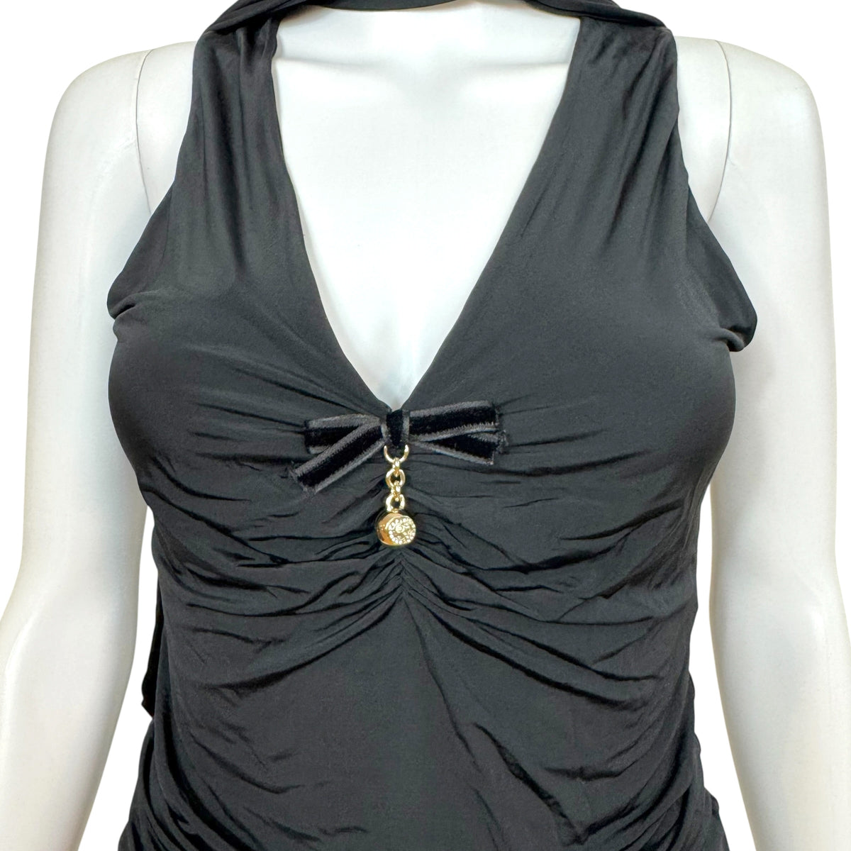 Gucci 2006 Black Tie Front Sleeveless Top w/ Gold Logo Charm